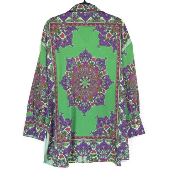ZARA Green Floral Printed Long Button Shirt Blouse MEDIUM 8745/279 Slit Paisley - Picture 4 of 14